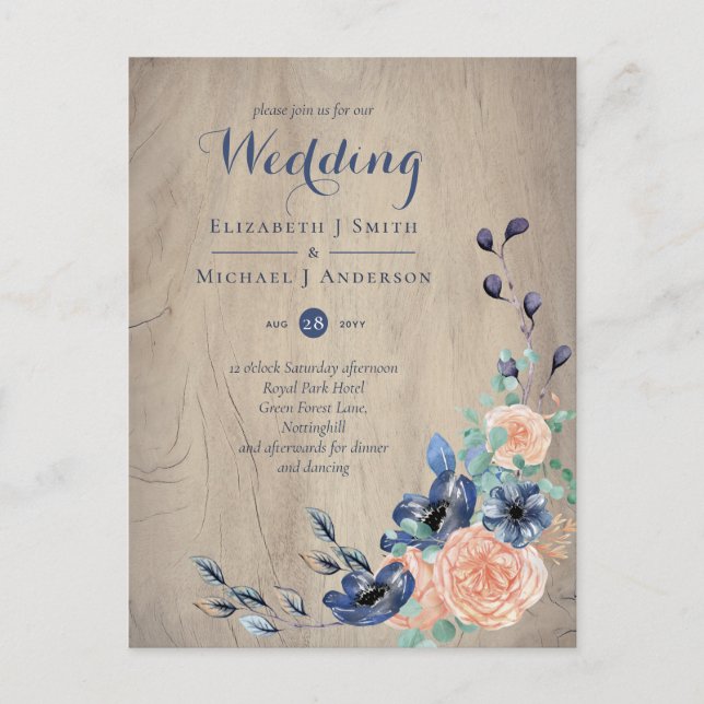 Budget Navy Blue and Coral Wedding Woodland Postkarte (Vorderseite)