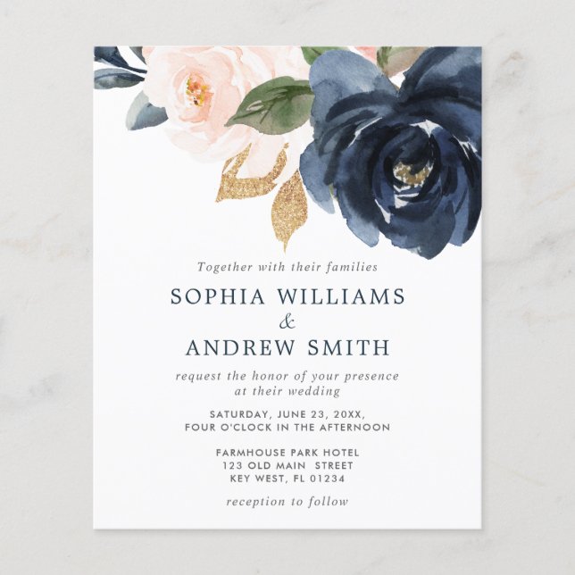Budget Navy Blue & Blush Pink Hochzeit Einladung (Vorderseite)