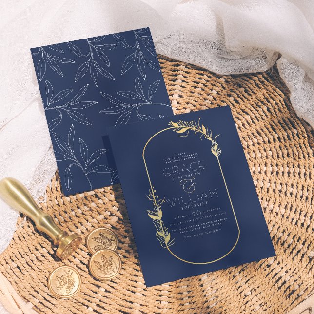 Budget Navy Blue Botanical Gold Frame Hochzeit (Von Creator hochgeladen)