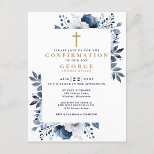 Budget Navy Blue Botanical Modern Confirmation Postkarte