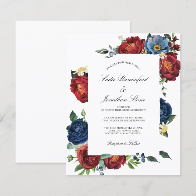 Budget Navy Blue Burgundy Red Wedding Einladung (Vorne/Hinten)