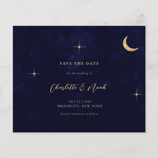 BUDGET Navy Blue Celestial Gold Moon Stars Hochzei (Vorderseite)