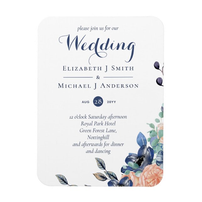 Budget Navy Blue Coral Floral Wedites Magnet (Vertikal)