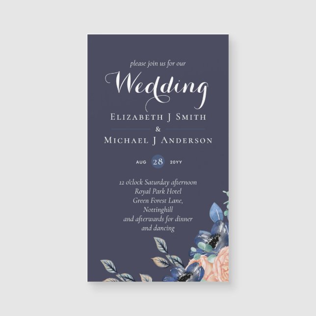 Budget Navy Blue Coral Floral Wedites Magnetkarte (Vorderseite)