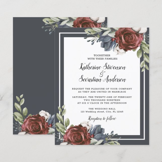 Budget Navy Blue Dark Moody Floral Wedding Flyer (Vorne/Hinten)