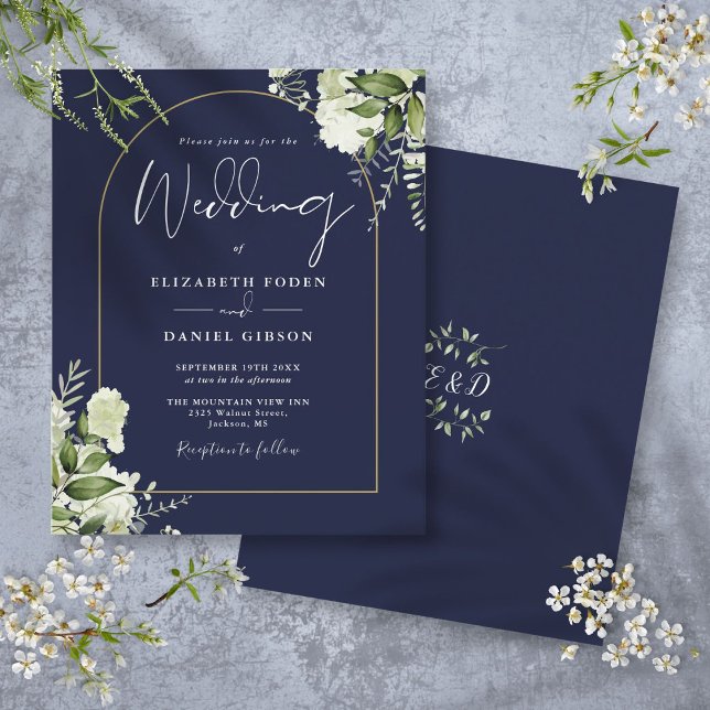 Budget Navy Blue Floral Gold Arch Hochzeit Einladu (Budget Navy Blue Floral Gold Arch Wedding Invite)