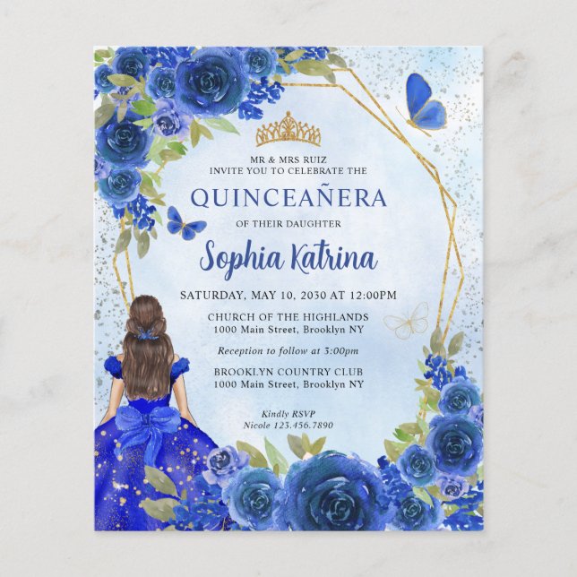 Budget Navy Blue Floral Princess Quinceañera Foto (Vorderseite)