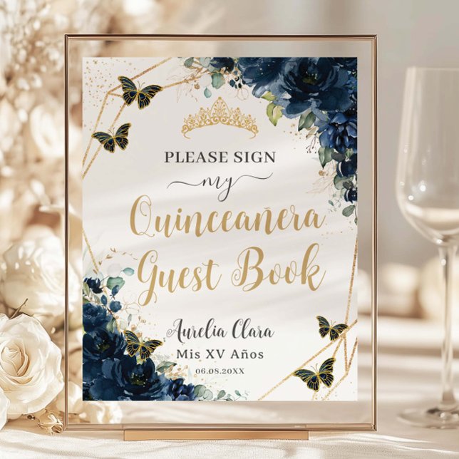 Budget Navy Blue Floral Quinceanera 16 Gästebuch (navy-blue-floral-butterflies-gold-tiara-quinceanera-sweet-16-birthday-party-cheap-guest-book-signage)