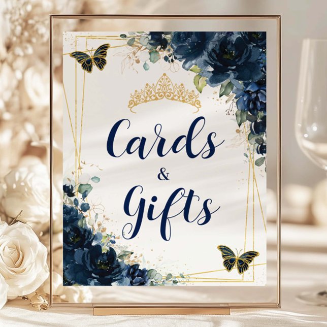 Budget Navy Blue Floral Quinceañera Card & Geschen (navy-blue-floral-butterflies-gold-quinceanera-sweet-16-birthday-party-cheap-card-and-gift-sign)