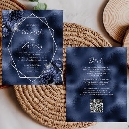 Budget Navy Blue Floral Silver QR Code Hochzeit