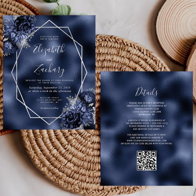 Budget Navy Blue Floral Silver QR Code Hochzeit (Von Creator hochgeladen)