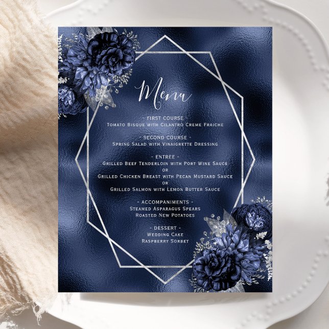 Budget Navy Blue Floral Silver Wedding Menü (Von Creator hochgeladen)
