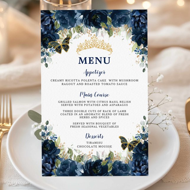 Budget Navy Blue Floral Sweet 16 Quinceañera Menü (navy-blue-floral-butterflies-gold-tiara-quinceanera-sweet-16-birthday-party-cheap-budget-menu-sheets)