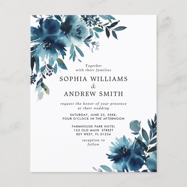 Budget Navy Blue Flowers Indigo Hochzeit Einladung (Vorderseite)