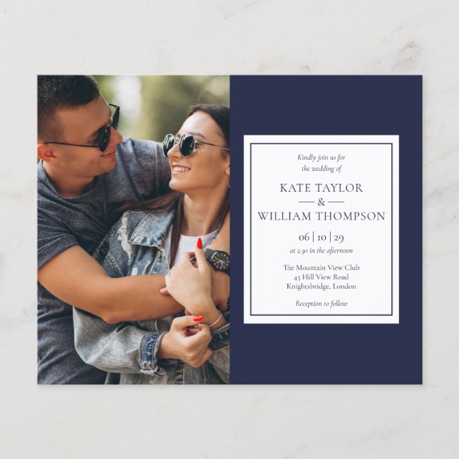 Budget Navy Blue Foto Hochzeit Einladung (Vorderseite)
