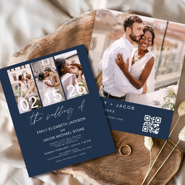 Budget Navy Blue Foto QR Code Hochzeit Einladung Flyer (Von Creator hochgeladen)