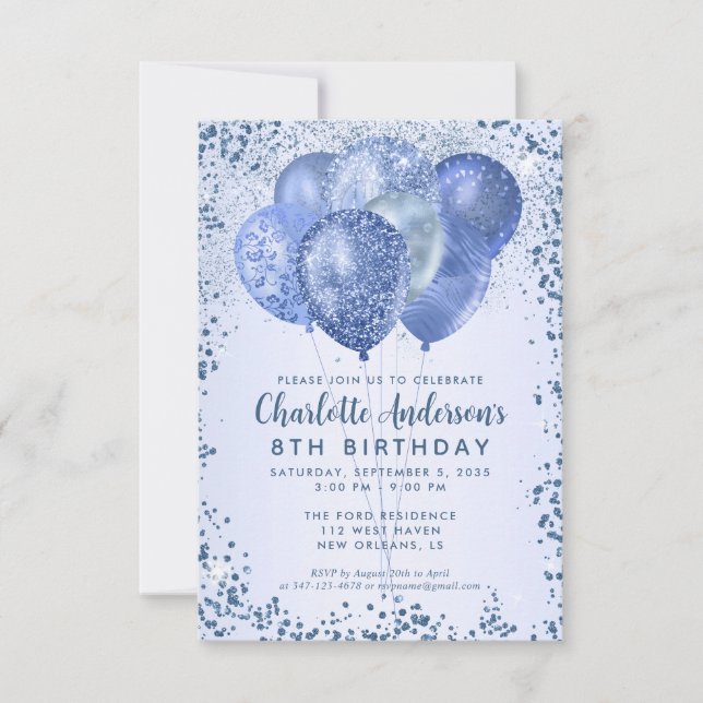 Budget Navy Blue Glitzer Balloon Kindergeburtstag Mitteilungskarte (Vorderseite)