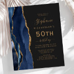 Budget Navy Blue Gold Agate Dark 50. Geburtstag<br><div class="desc">Die links Kulisse dieses eleganten,  modernen 50. Geburtstagsfeiers besticht durch eine marineblau-blaue Aquarellgrenze,  die mit dem Glitzer der Imitate bestickt wurde. Der anpassbare Text kombiniert goldfarbene Handschrift,  Copperplate und kursiv Schriftart auf schwarzem Schieferboden. Auf der Rückseite ist ein passendes marineblau-goldfarbenes Design zu sehen.</div>