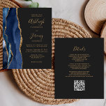 Budget Navy Blue Gold Dunkel QR Code Hochzeit einl<br><div class="desc">Rett die Kosten für das Drucken und Verschicken separater RSVP-Karten mit dieser eleganten, modernen All-in-One-Hochzeitseinladung. Der links Rand ist mit einem marineblauen Aquarellstreifen versehen, der mit goldfarbenem Imitat-Glitzer bestickt ist. Der anpassbare Text kombiniert goldfarbene Handschrift, Copperplate und kursiv Schriftart auf schwarzem Schieferboden. Die Rückseite bietet Platz für Hochzeitsdetails auf einem...</div>