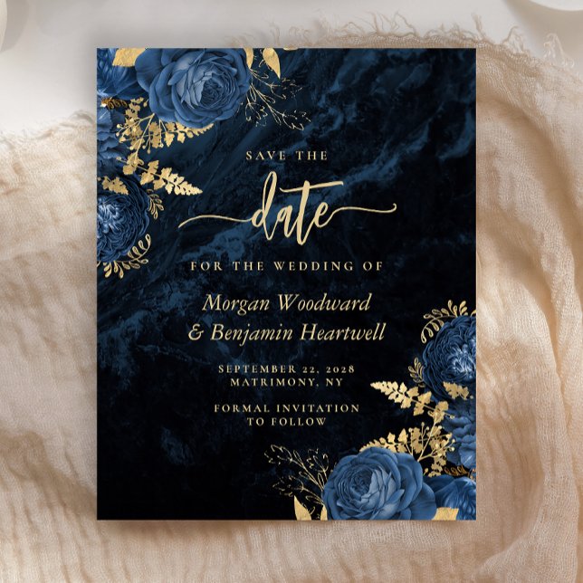 Budget Navy Blue Gold Floral Wedding Save the Date (Von Creator hochgeladen)
