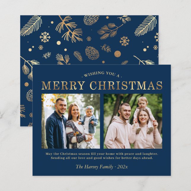 Budget Navy Blue Gold Frohe Weihnachtsfotokarte (Vorne/Hinten)
