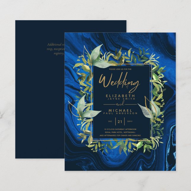 BUDGET Navy Blue Gold Greenerity Einladungen Hochz (Vorne/Hinten)
