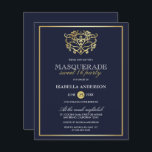 Budget Navy Blue & Gold Masquerade Sweet 16 Party<br><div class="desc">Budget Navy Blue & Gold Masquerade Sweet 16 Party Einladungen. Mit einer goldenen Folienmaske aus Imitaten oben vor einem marineblau-blauen Hintergrund. Perfekt für eine moderne und dennoch schicke,  süße 16 Geburtstagsparty!</div>