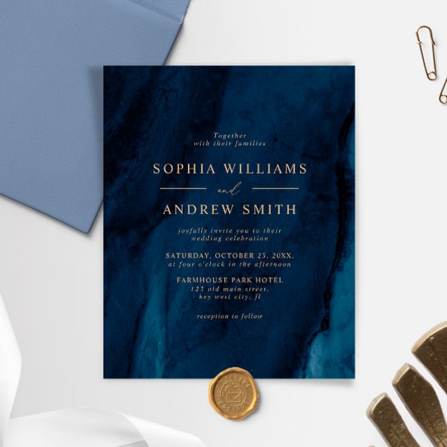 BUDGET Navy Blue & Gold Minimal Hochzeitseinladung (Von Creator hochgeladen)