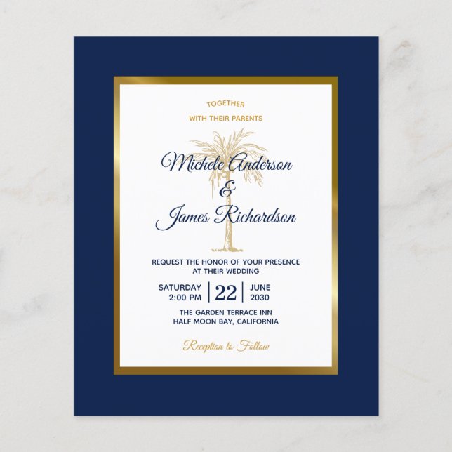 Budget Navy Blue Gold Palm Tree Wedding Invitation (Vorderseite)