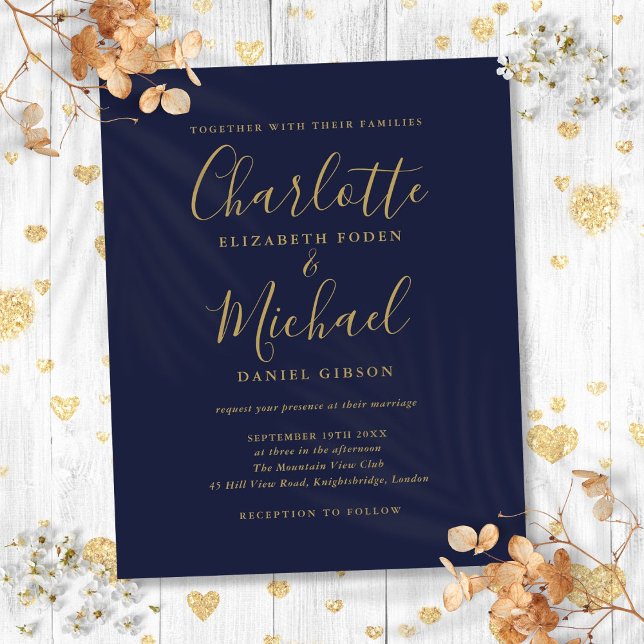 Budget Navy Blue Gold Script Einladung (Budget Navy Blue Gold Script Wedding Invitation)