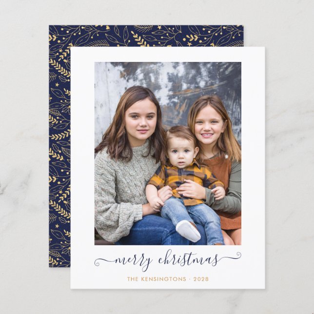 BUDGET Navy Blue Gold Script Frohe Weihnachts-Foto (Vorne/Hinten)