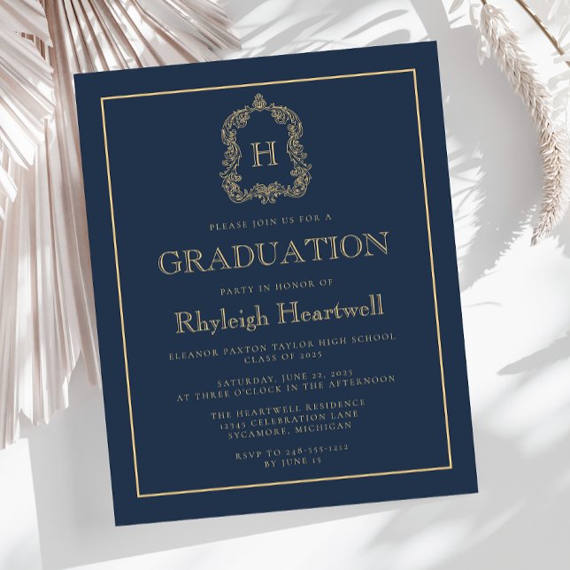 Budget Navy Blue Gold Wappen Graduation Party (Von Creator hochgeladen)