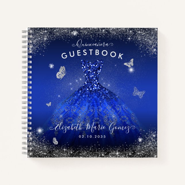 Budget Navy Blue Gray Gown Quinceanera Gästebuch Notizbuch (Vorderseite)