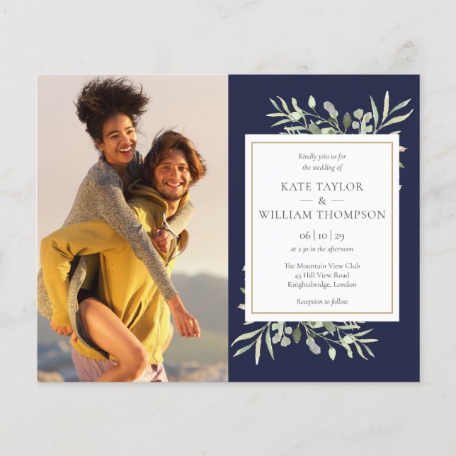 Budget Navy Blue Greenerity Foto Hochzeit Einladun (Vorderseite)