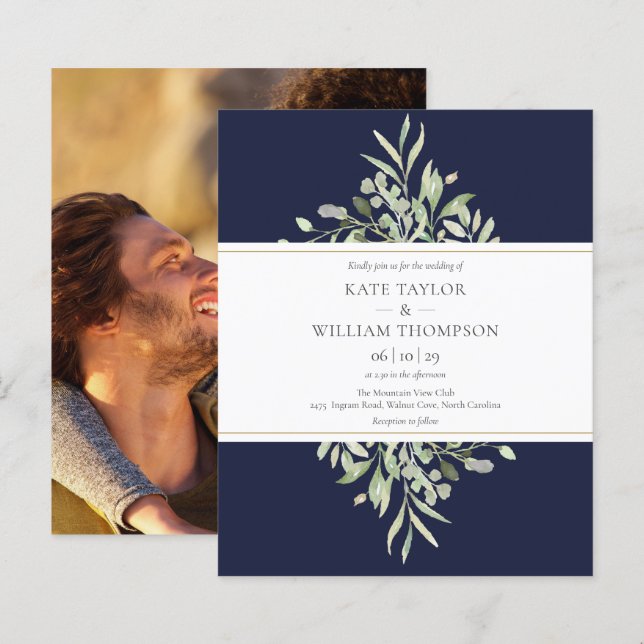 Budget Navy Blue Greenerity Wedding Foto Einladung (Vorne/Hinten)