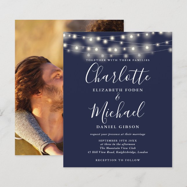 Budget Navy Blue Lights Foto Hochzeit Einladung (Vorne/Hinten)