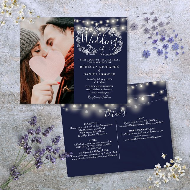 Budget Navy Blue Lights Foto Hochzeit Einladung (Budget Navy Blue Lights Photo Wedding Invite)