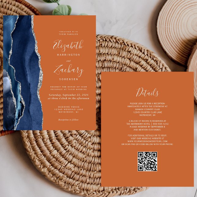 Budget Navy Blue Orange QR Code Hochzeit Einladung (Von Creator hochgeladen)