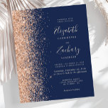 Budget Navy Blue Peach Imitate Glitzer Hochzeit<br><div class="desc">Die links Kulisse dieser eleganten,  modernen Hochzeitseinladung besticht durch einen Glitzer mit Pfirsichfarben und Imitaten. Der individuell anpassbare Text kombiniert blasspfirsichfarbene Handschrift,  Copperplate und kursiv Schriftart auf marinebasischem Hintergrund. Auf der Rückseite ist ein passendes marineblau-pfirsichblaues Glitzer-Design.</div>