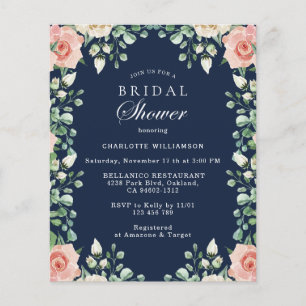 Budget Navy Blue Pink Floral Brautparty Flyer