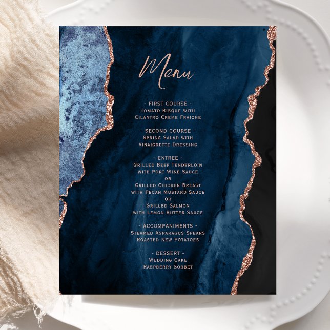 Budget Navy Blue Rose Gold Agate Wedding Menu (Von Creator hochgeladen)