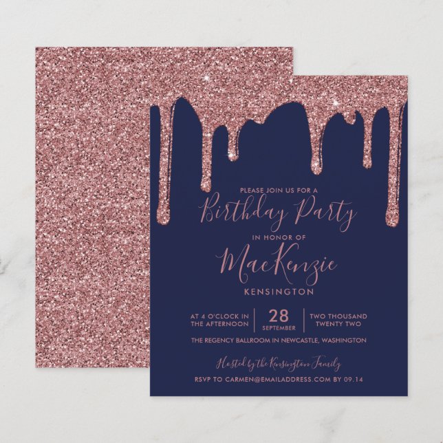 BUDGET Navy Blue Rose Gold Glitzer Tropfen Geburts (Vorne/Hinten)