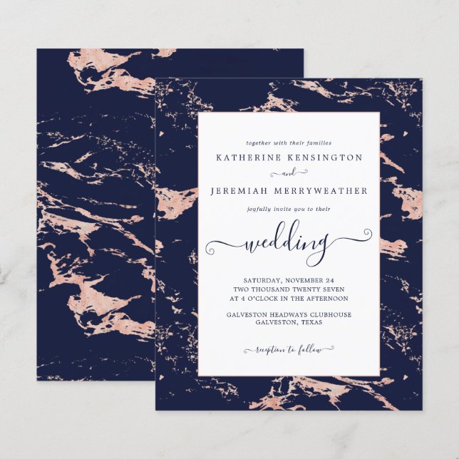 Budget Navy Blue Rose Gold Marmor Hochzeit Einladu (Vorne/Hinten)