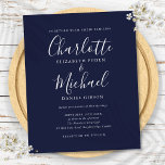 Budget Navy Blue Script Einladung<br><div class="desc">Diese elegante, preiswerte Hochzeitseinladung mit ihren charakteristischen Stilnamen kann mit Ihren Informationen in der modernen Typografie personalisiert werden. Entwickelt von Thisisnotme©</div>