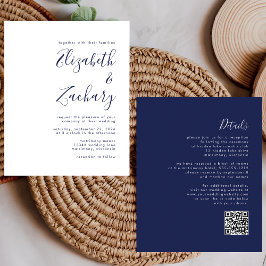 Budget Navy Blue Script QR Code Hochzeit Einladung