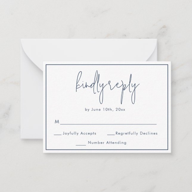 BUDGET Navy Blue Script Wedding RSVP Card Mitteilungskarte (Vorderseite)