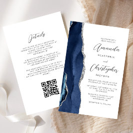 Budget Navy Blue Silver Agate QR Code Hochzeit