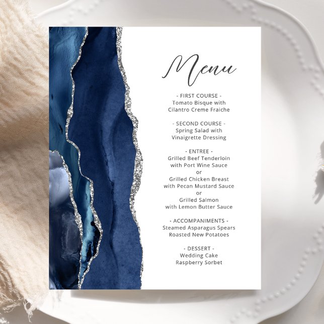 Budget Navy Blue Silver Agate Script Wedding Menü (Von Creator hochgeladen)