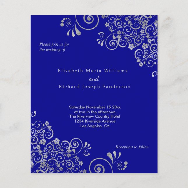 Budget Navy Blue Silver Wirbel Hochzeitsempfang (Vorderseite)