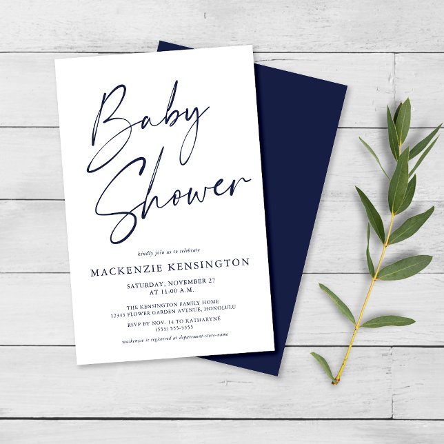 Budget Navy Blue Simple Script Baby Dusche FLYER (Von Creator hochgeladen)
